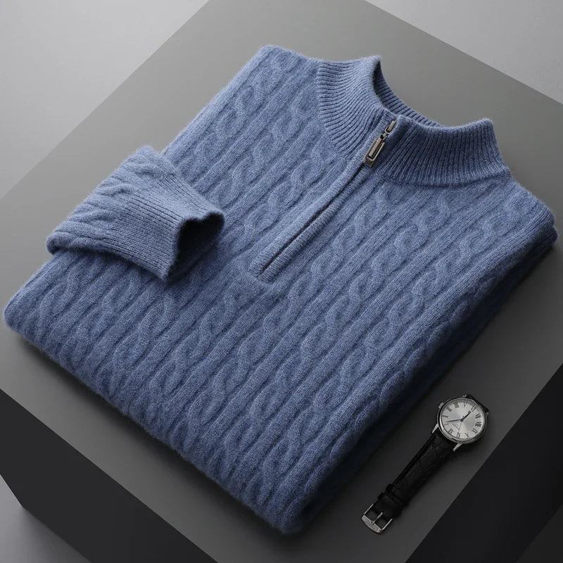 Sweter Męski z Półzamkiem | Wzór Warkoczowy | Slim Fit | Styl Smart Casual