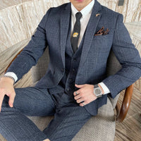 Garnitur Męski Slim Fit 3-Częściowy w Kratę | Elegancki Styl Smokingowy