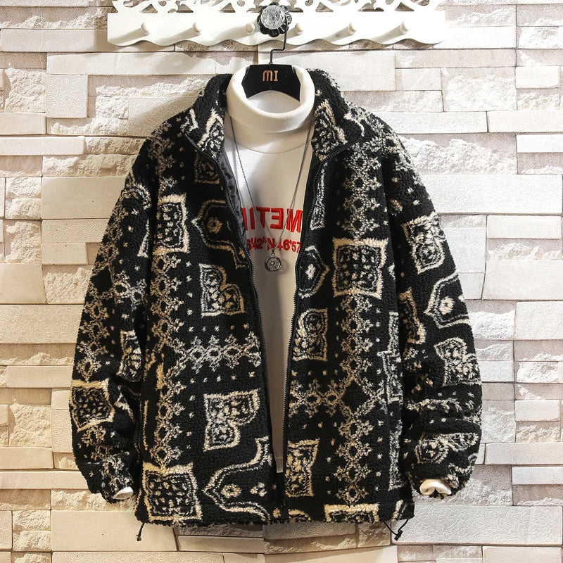 Męska kurtka zimowa z żakardowym uzupełnieniem i stójką | Luźna kurtka na chłodne dni 