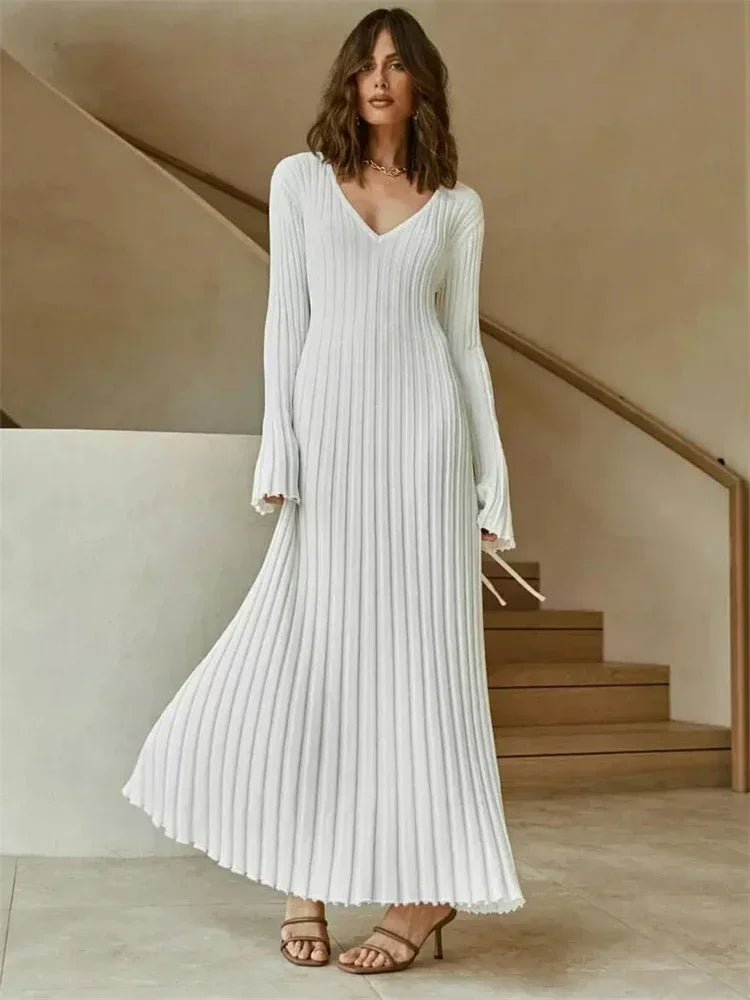 Women’s Ribbed Knit Maxi Dress with Flared Hem | Elegant Long Sleeve Occasion Dress