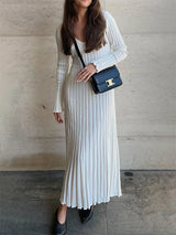 Women’s Ribbed Knit Maxi Dress with Flared Hem | Elegant Long Sleeve Occasion Dress