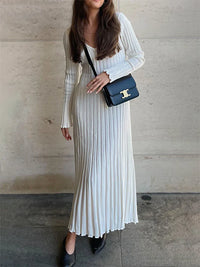 Women’s Ribbed Knit Maxi Dress with Flared Hem | Elegant Long Sleeve Occasion Dress