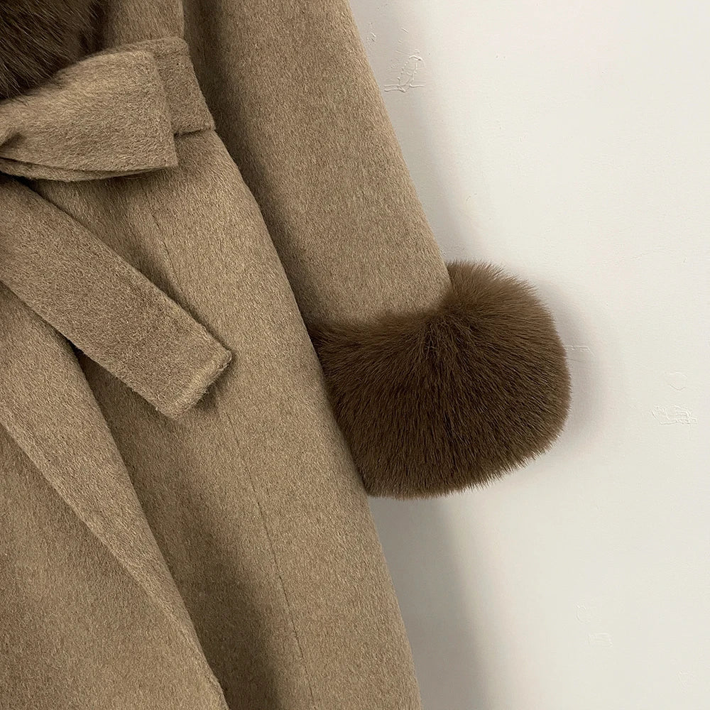 Zimowy płaszcz damski z kołnierzem i paskami | gruby płaszcz damski 