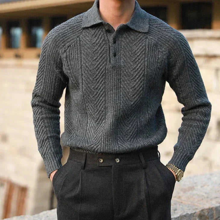 Sweter Męski z Kołnierzykiem | Wzór Dzianiny | Slim Fit | Styl Smart Casual