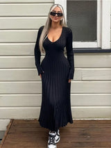 Women’s Ribbed Knit Maxi Dress with Flared Hem | Elegant Long Sleeve Occasion Dress