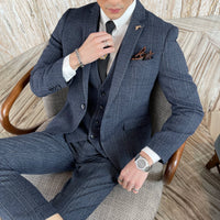 Garnitur Męski Slim Fit 3-Częściowy w Kratę | Elegancki Styl Smokingowy