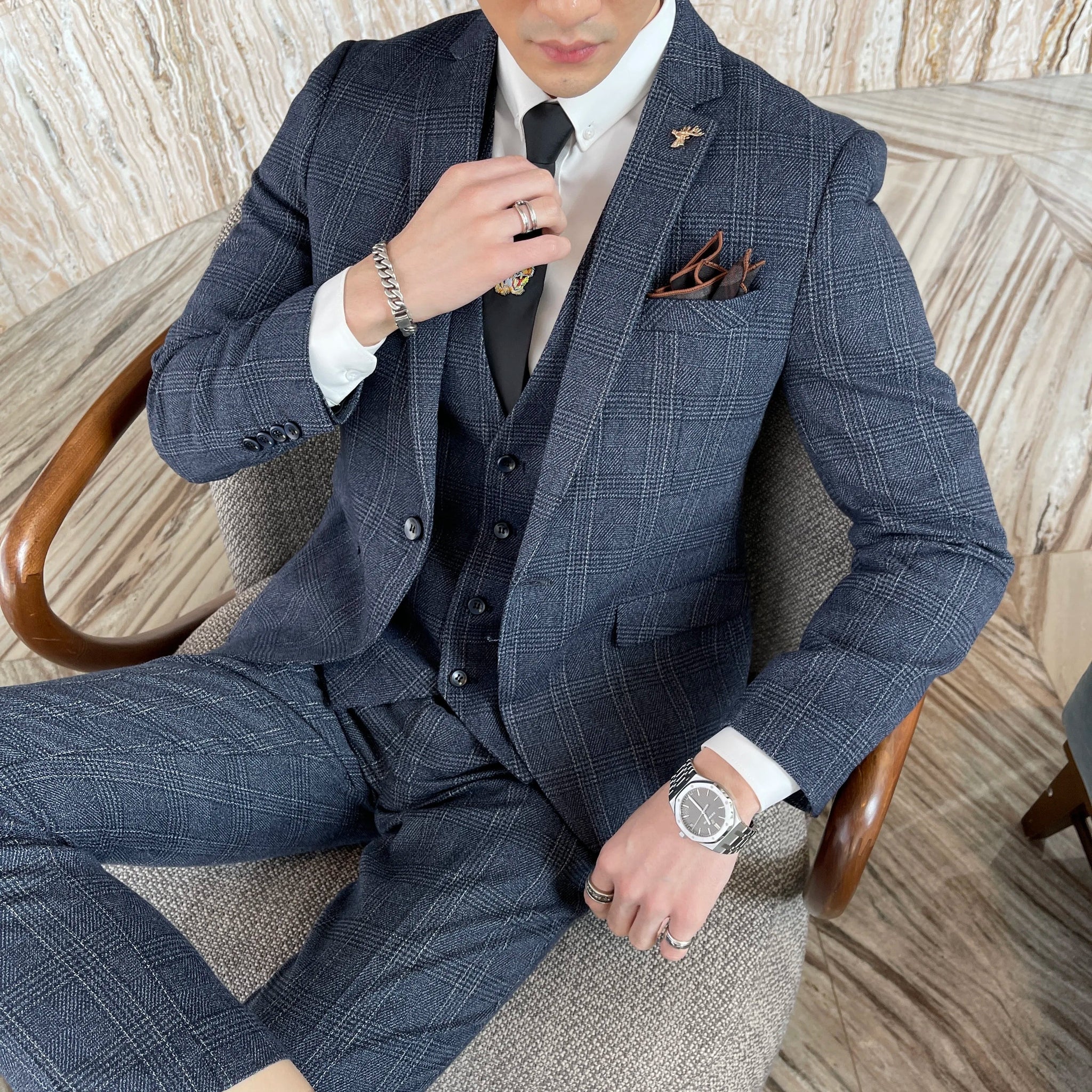 Garnitur Męski Slim Fit 3-Częściowy w Kratę | Elegancki Styl Smokingowy