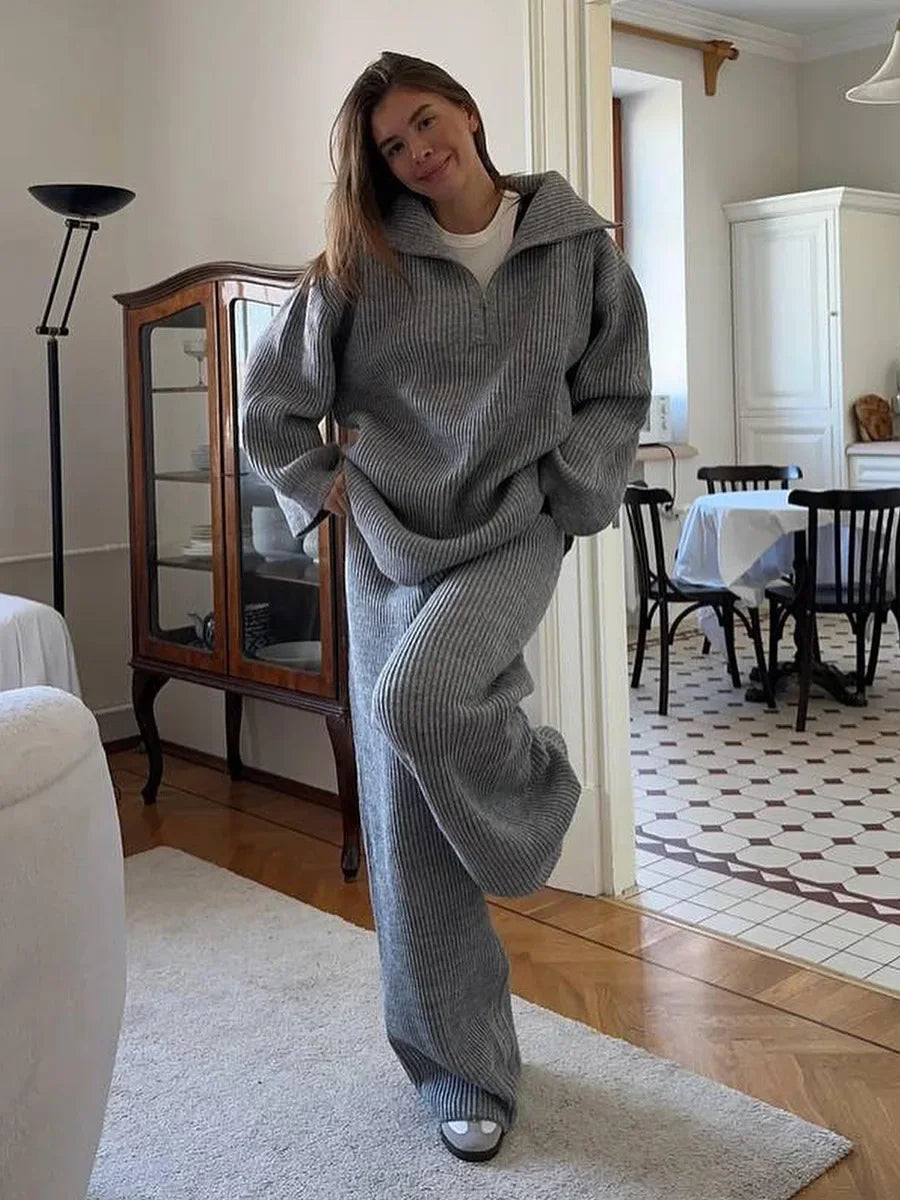 Dwuczęściowy komplet damski na jesień i zimę z kołnierzem | Stylowy zestaw damski 