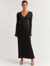 Women’s Ribbed Knit Maxi Dress with Flared Hem | Elegant Long Sleeve Occasion Dress