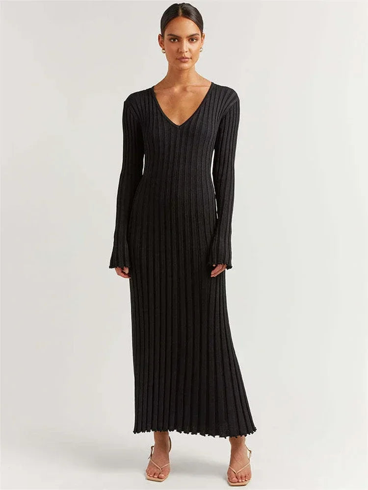 Women’s Ribbed Knit Maxi Dress with Flared Hem | Elegant Long Sleeve Occasion Dress