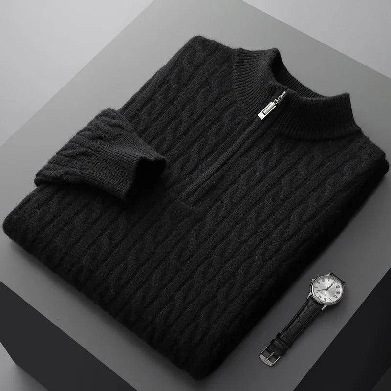 Sweter Męski z Półzamkiem | Wzór Warkoczowy | Slim Fit | Styl Smart Casual
