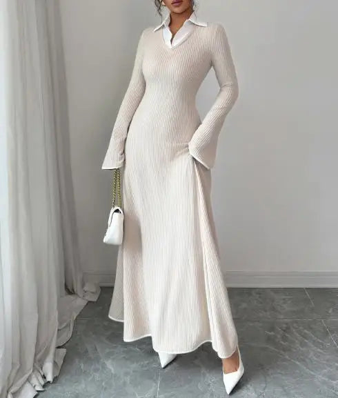 Długa Dzianinowa Sukienka Damska z Prążkowanej Tkaniny | Elegancka Sukienka z Długim Rękawem