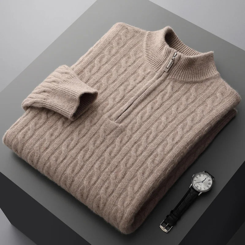 Sweter Męski z Półzamkiem | Wzór Warkoczowy | Slim Fit | Styl Smart Casual
