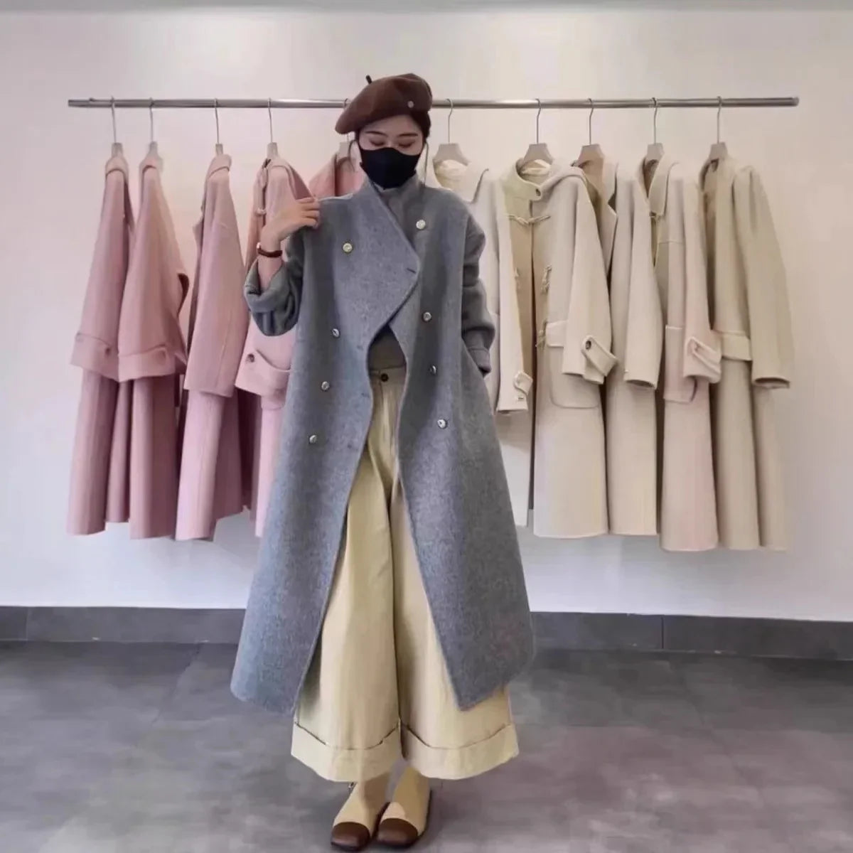 Długi Damski Płaszcz Dwurzędowy z Domieszką Wełny | Elegancki Płaszcz Zimowy