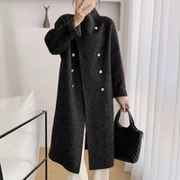 Długi Damski Płaszcz Dwurzędowy z Domieszką Wełny | Elegancki Płaszcz Zimowy