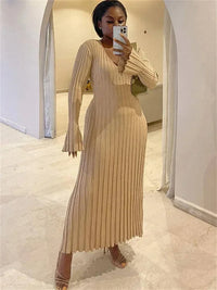Women’s Ribbed Knit Maxi Dress with Flared Hem | Elegant Long Sleeve Occasion Dress