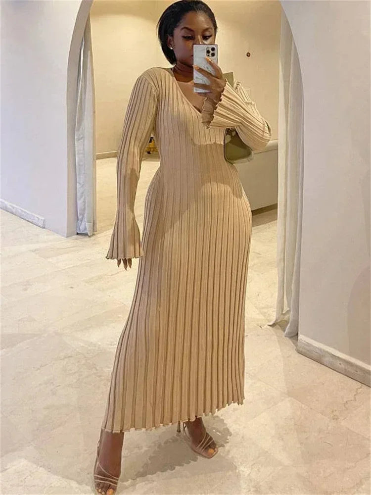 Women’s Ribbed Knit Maxi Dress with Flared Hem | Elegant Long Sleeve Occasion Dress