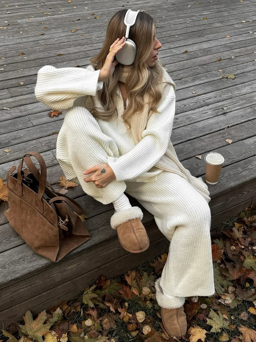 Dwuczęściowy komplet damski na jesień i zimę z kołnierzem | Stylowy zestaw damski 