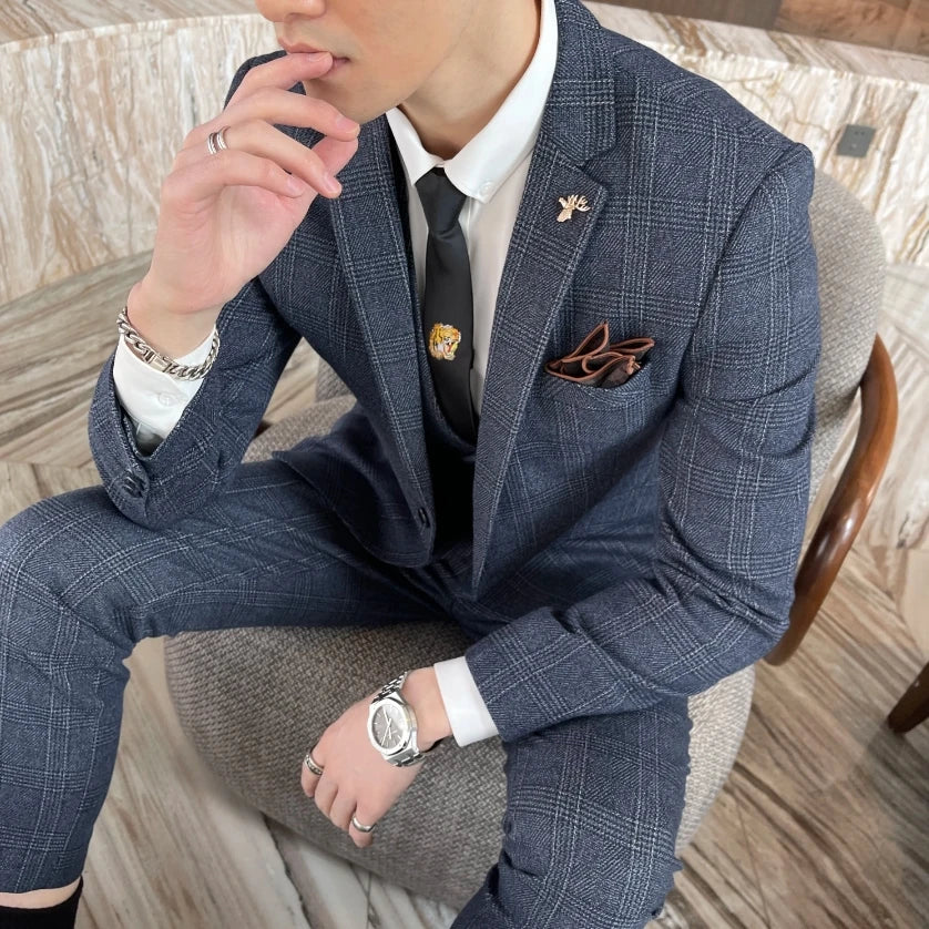 Garnitur Męski Slim Fit 3-Częściowy w Kratę | Elegancki Styl Smokingowy