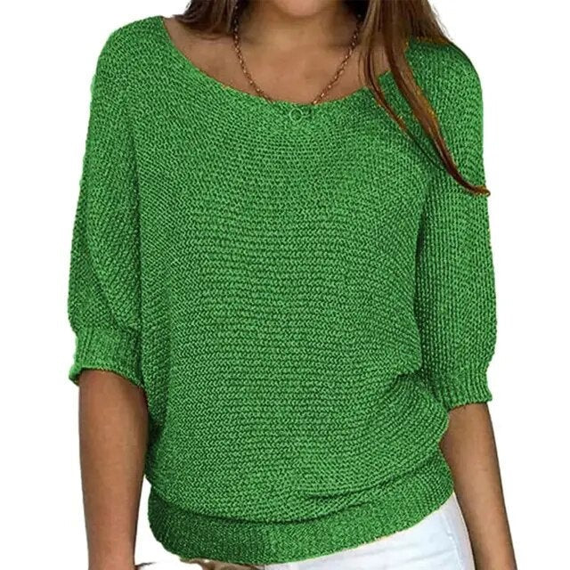 Sweter Damski Dzianinowy z Rękawem 3/4 | Casualowy Sweter Damski na Co Dzień