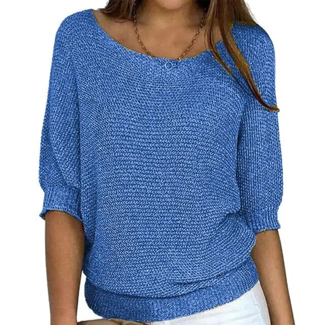 Sweter Damski Dzianinowy z Rękawem 3/4 | Casualowy Sweter Damski na Co Dzień