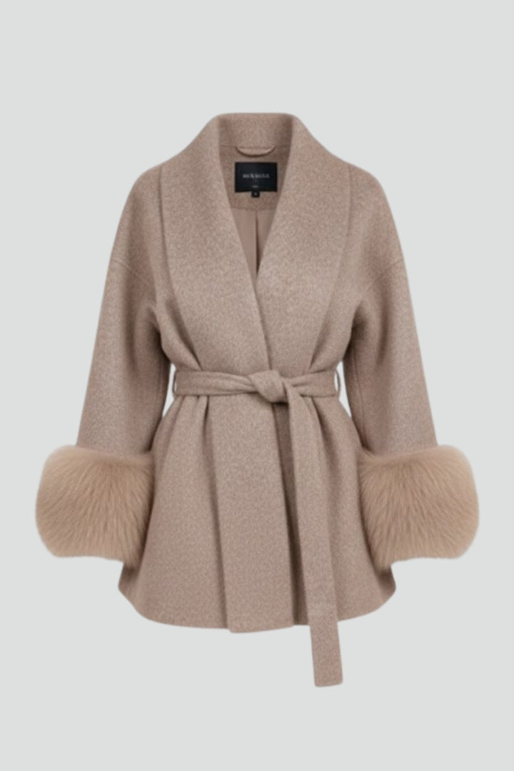 Damski długi płaszcz zimowy z paskami i mankietami | gruby płaszcz na zimę