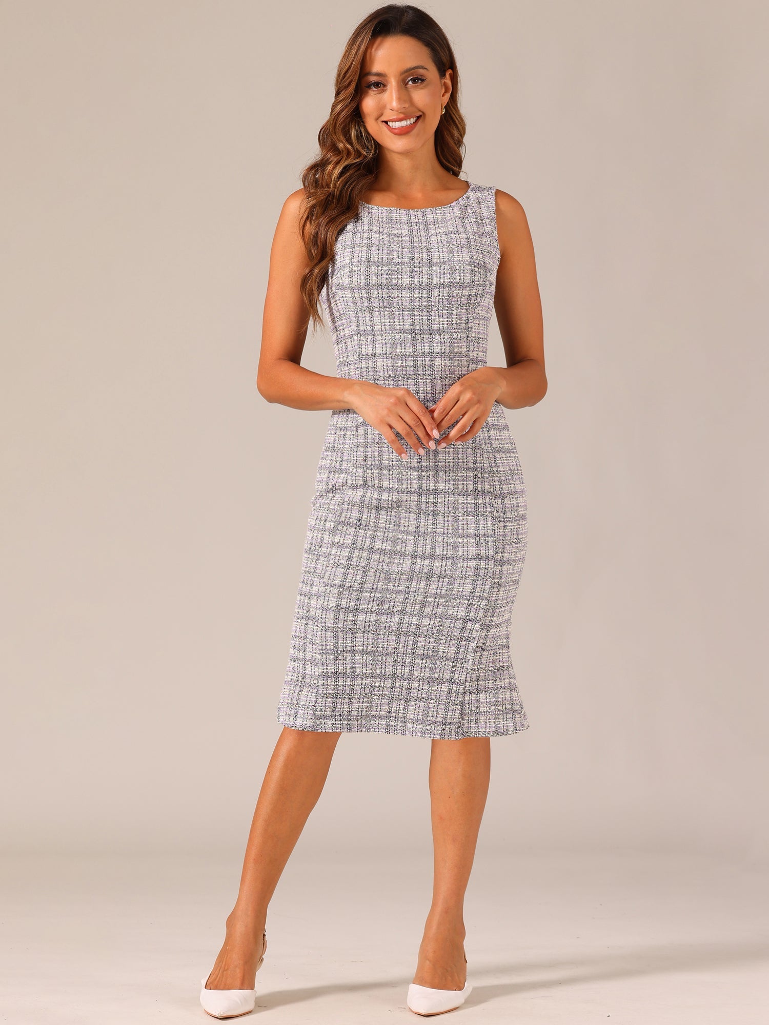 Elegancka Damska Sukienka Midi w Kratę | Bez Rękawów z Fiszbinką