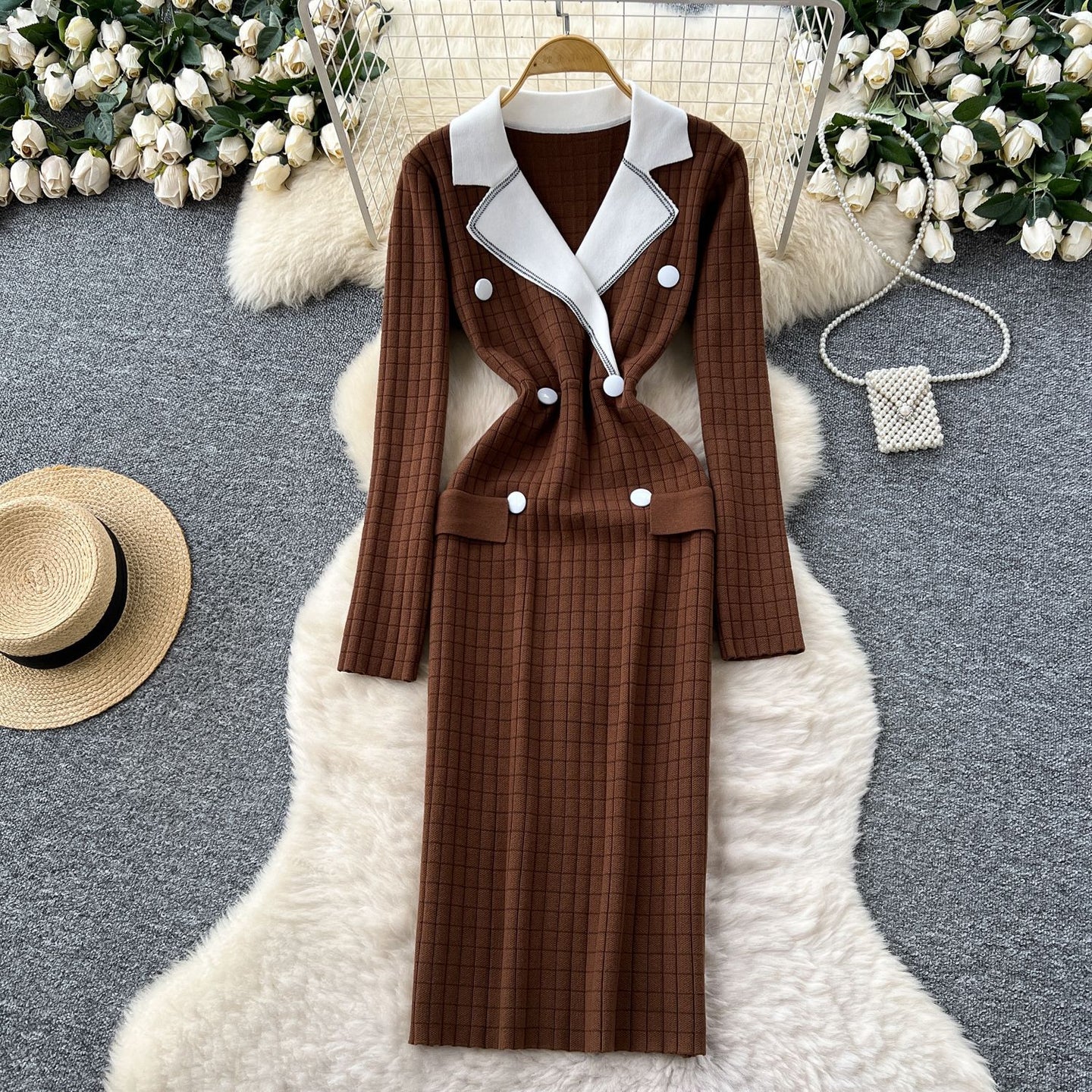Sukienka Marynarkowa Damska w Stylu Colorblock | Elegancka Sukienka Midi