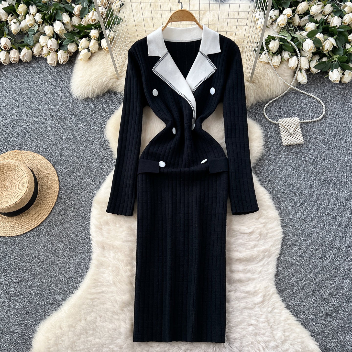 Sukienka Marynarkowa Damska w Stylu Colorblock | Elegancka Sukienka Midi