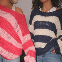 Damski Sweter w Paski | Luźny Krój | Ręcznie Dziany