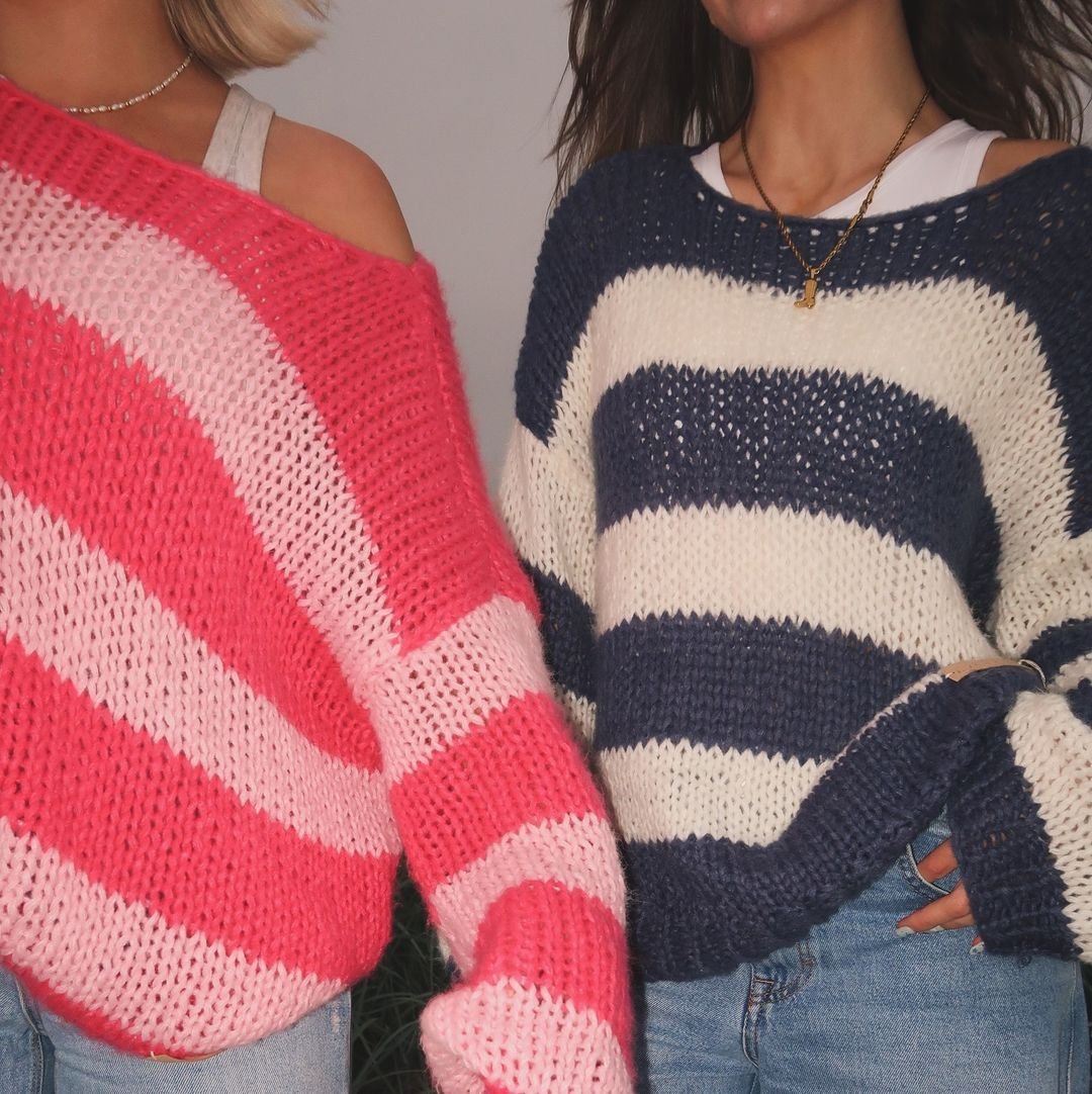 Damski Sweter w Paski | Luźny Krój | Ręcznie Dziany