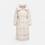 Damski długi płaszcz pikowany z paskiem | Elegancki płaszcz zimowy