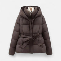 Damska kurtka pikowana z kapturem i paskami | Ciepła kurtka na zimę