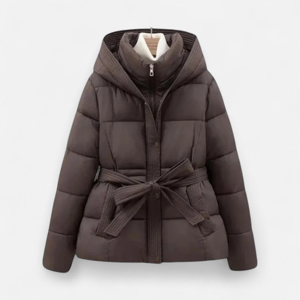 Damska kurtka pikowana z kapturem i paskami | Ciepła kurtka na zimę