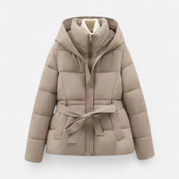 Damska kurtka pikowana z kapturem i paskami | Ciepła kurtka na zimę