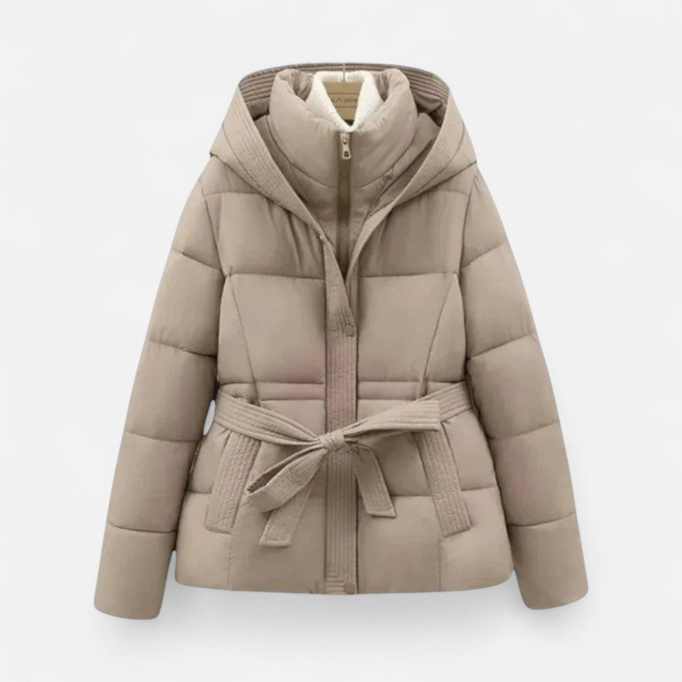 Damska kurtka pikowana z kapturem i paskami | Ciepła kurtka na zimę