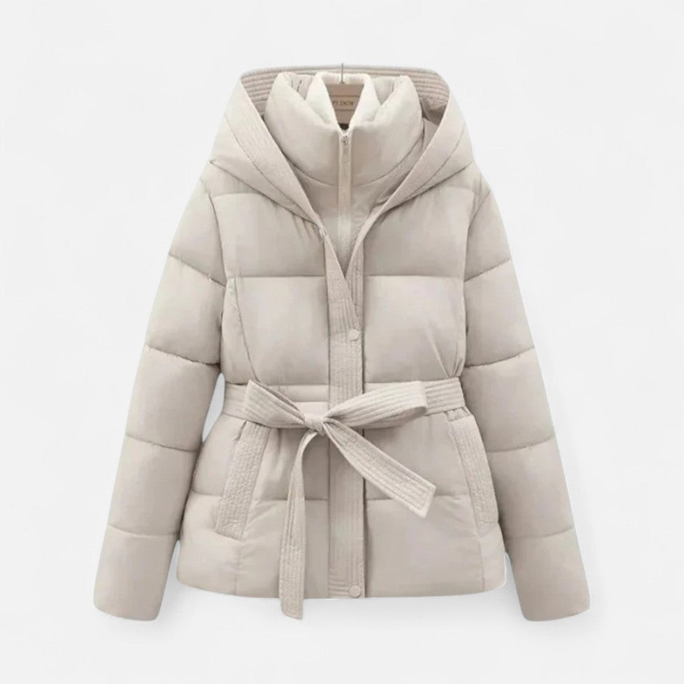 Damska kurtka pikowana z kapturem i paskami | Ciepła kurtka na zimę