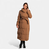 Damski długi płaszcz pikowany z paskiem | Elegancki płaszcz zimowy