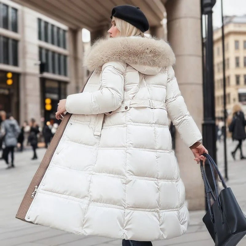 Płaszcz Damski Puchowy z Futerkiem | Długa Kurtka Zimowa | Elegancka Ochrona Przed Chłodem | Modny Krój