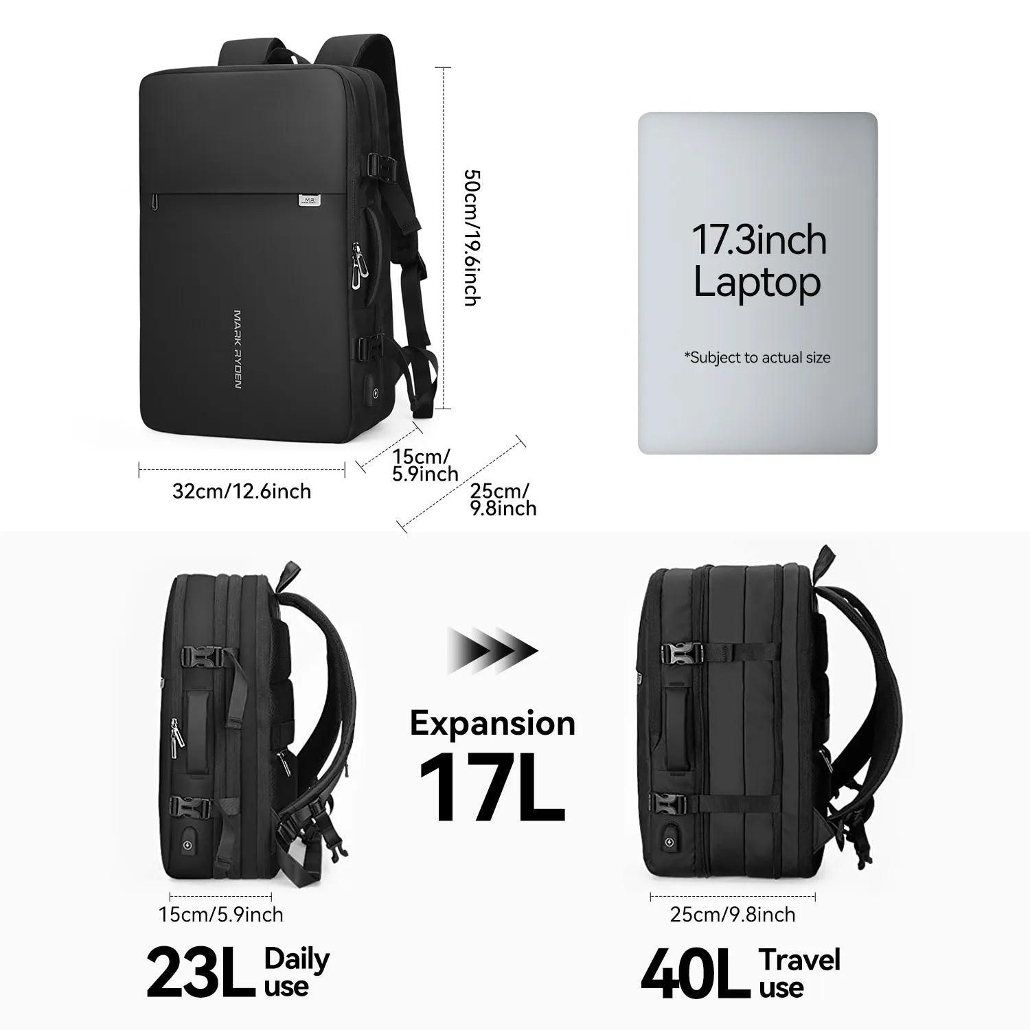 Rozszerzany Plecak na Laptopa 23–40L z USB | Wodoodporny Plecak Podróżny