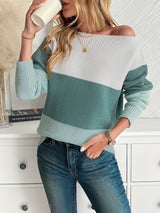 Sweter Damski Colorblock z Dekoltem Łódką | Modny i Lekki Sweter na Co Dzień