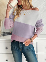 Sweter Damski Colorblock z Dekoltem Łódką | Modny i Lekki Sweter na Co Dzień