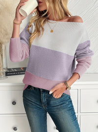 Sweter Damski Colorblock z Dekoltem Łódką | Modny i Lekki Sweter na Co Dzień