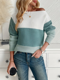 Sweter Damski Colorblock z Dekoltem Łódką | Modny i Lekki Sweter na Co Dzień