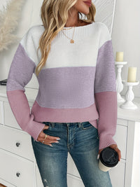 Sweter Damski Colorblock z Dekoltem Łódką | Modny i Lekki Sweter na Co Dzień