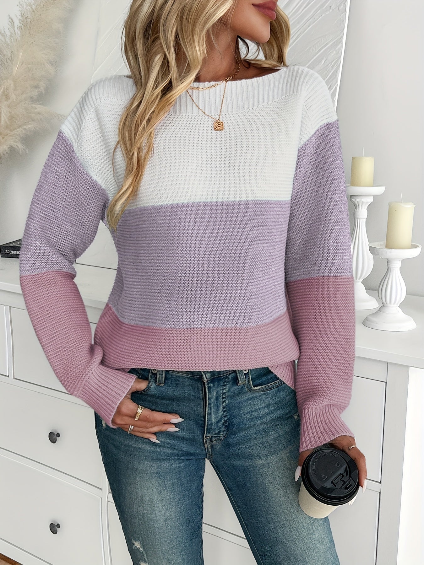 Sweter Damski Colorblock z Dekoltem Łódką | Modny i Lekki Sweter na Co Dzień