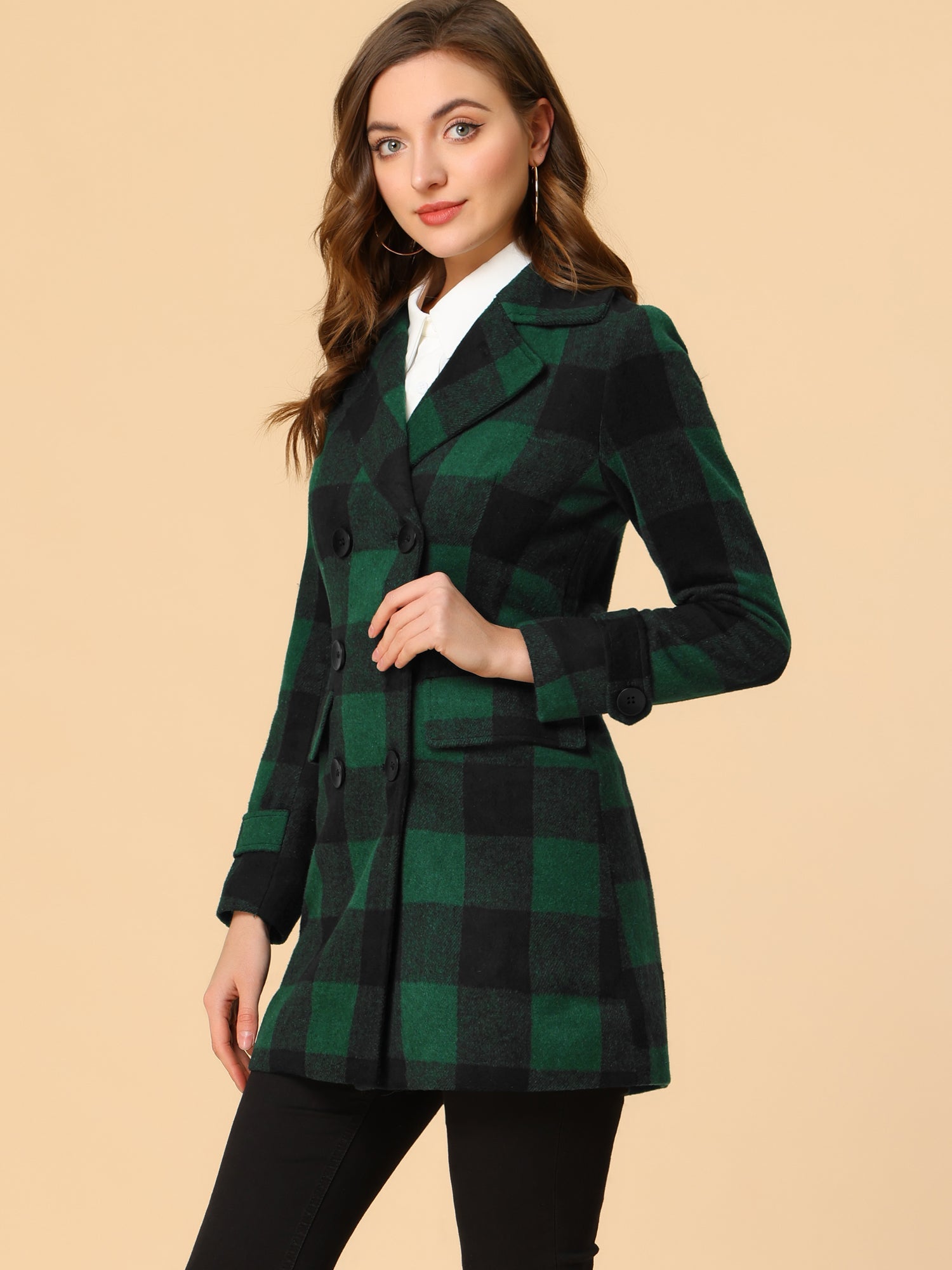 Płaszcz Damski Dwurzędowy w Kratę z Klapami | Elegancki Trencz Damski