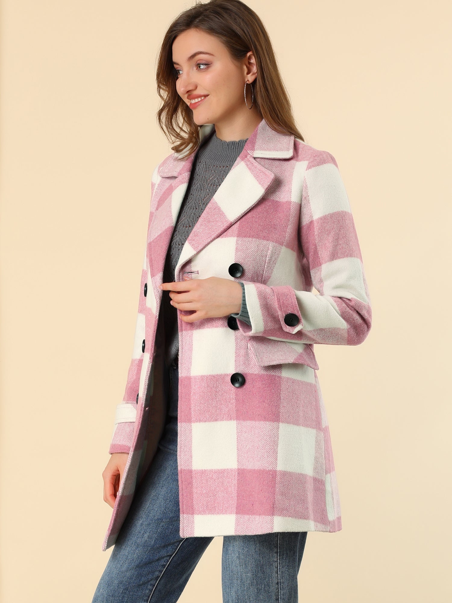 Płaszcz Damski Dwurzędowy w Kratę z Klapami | Elegancki Trencz Damski