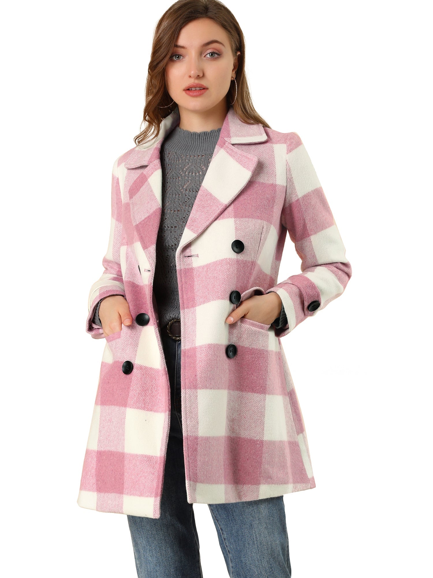 Płaszcz Damski Dwurzędowy w Kratę z Klapami | Elegancki Trencz Damski