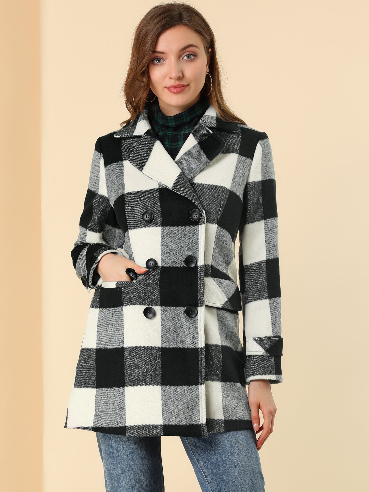 Płaszcz Damski Dwurzędowy w Kratę z Klapami | Elegancki Trencz Damski